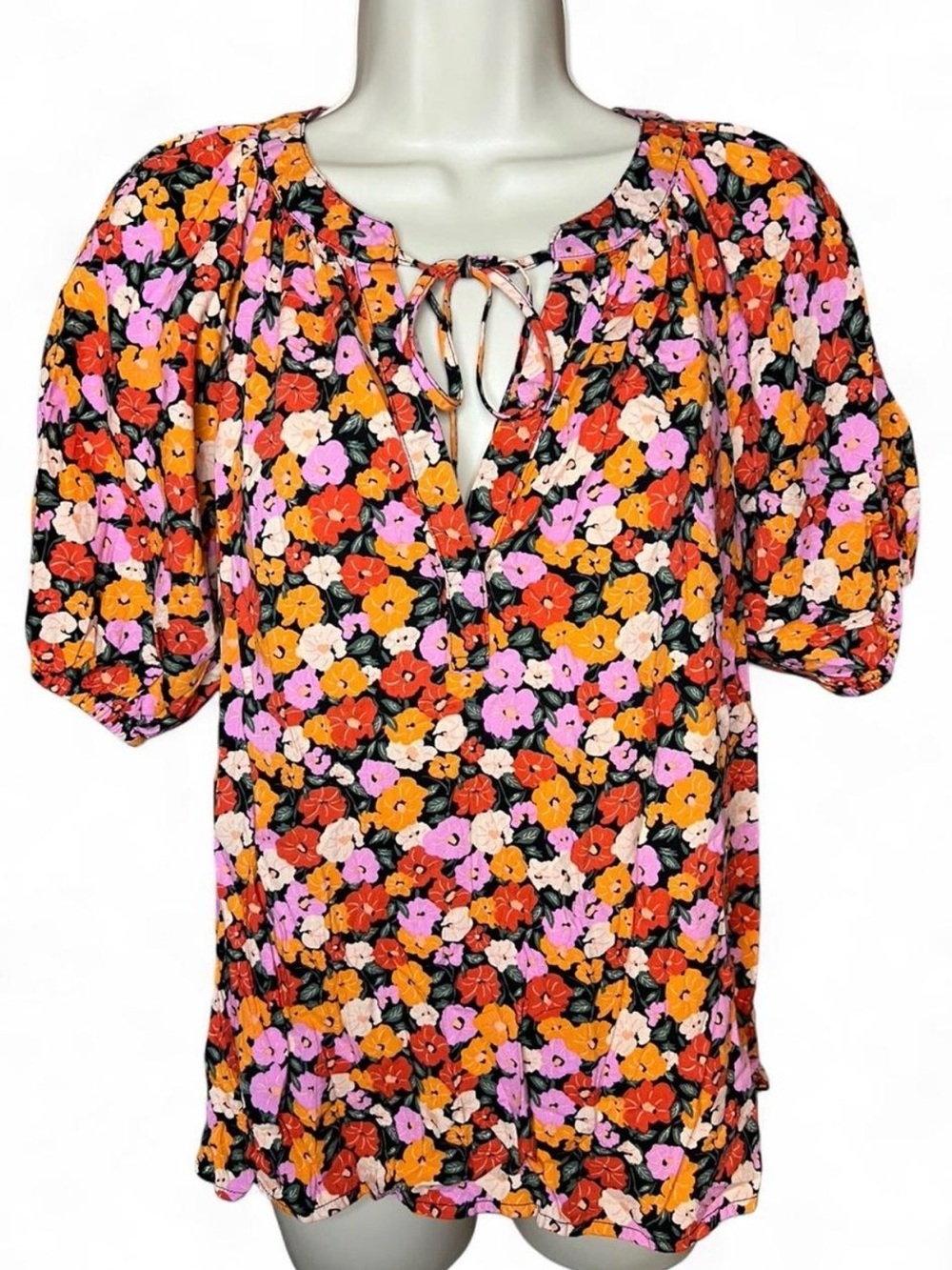 LOFT Floral Tie-Neck Puff Sleeve Blouse - Retro Cottagecore Lightweight Cotton